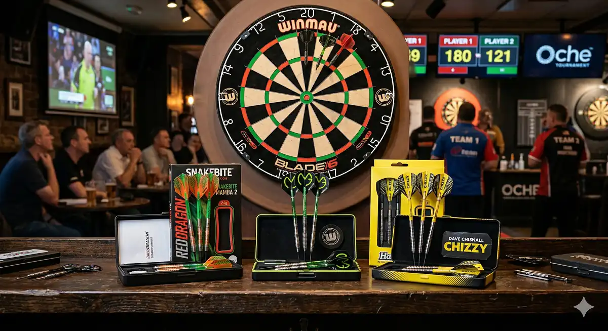 Beste Dartpfeile 2026 – Vergleich der Top Steeldarts mit Dartboard im Hintergrund, Premium-Modelle von Red Dragon, Winmau und Harrows, Kaufberatung für Anfänger und ambitionierte Spieler auf DartWorldHub.