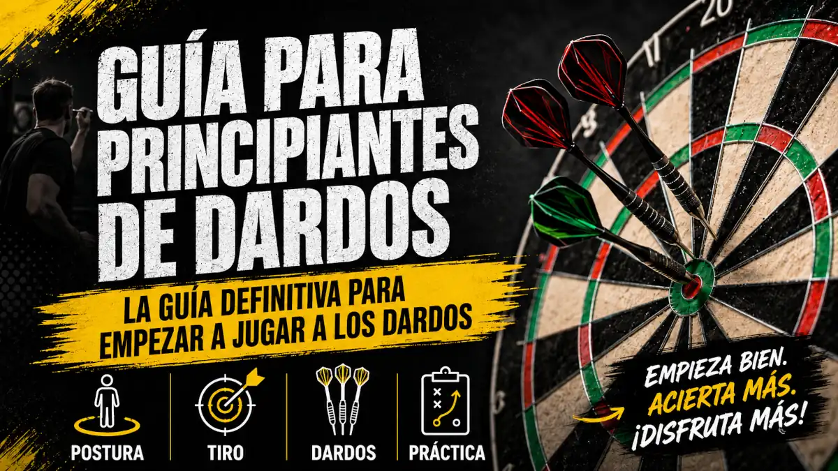 Guía de dardos para principiantes con diana de punta de acero, línea de tiro y jugador entrenando
