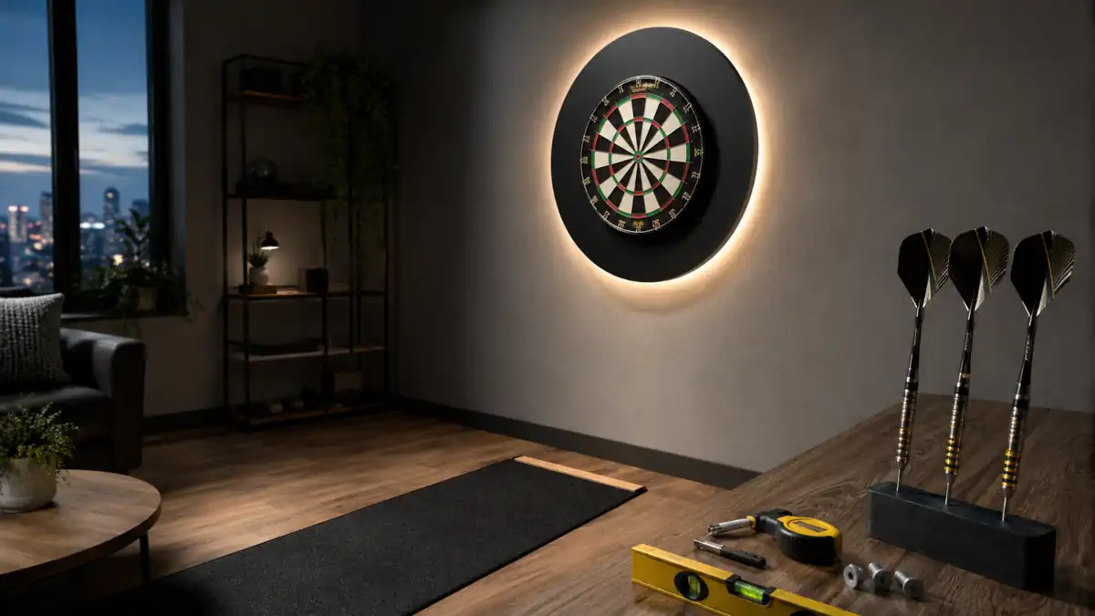 Dart Setup für Anfänger mit Dartboard, Beleuchtung, Surround, Oche-Matte und Montage-Zubehör