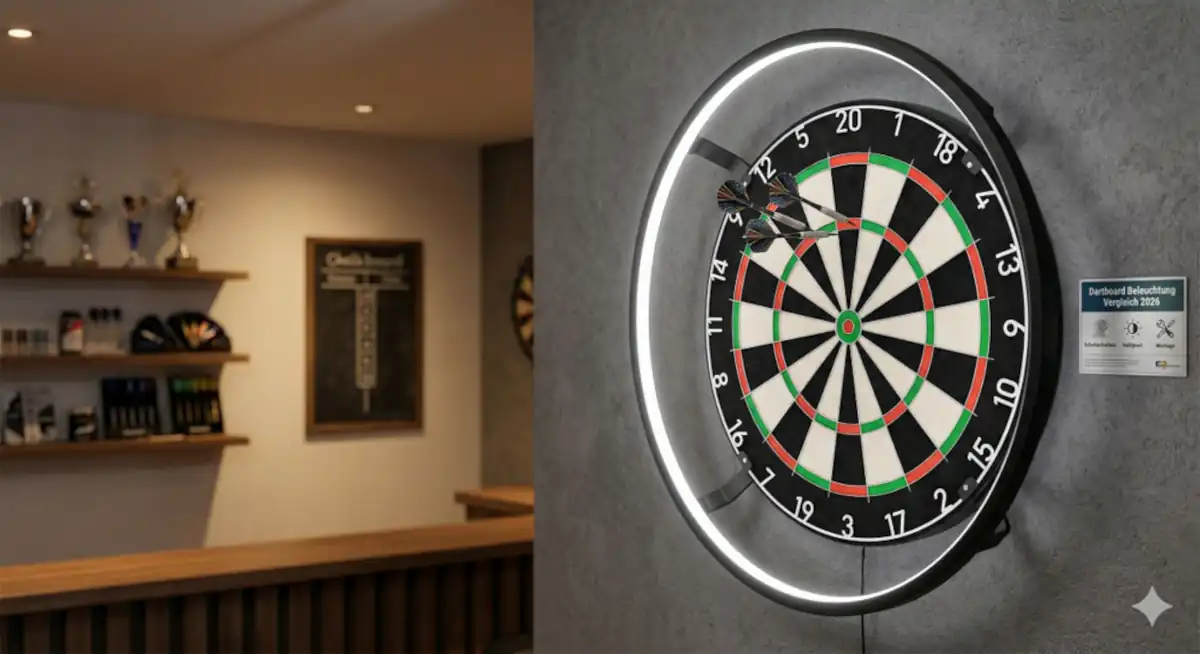 Dartboard Beleuchtung Vergleich 2026: LED-Beleuchtung rund um ein Steeldartboard.