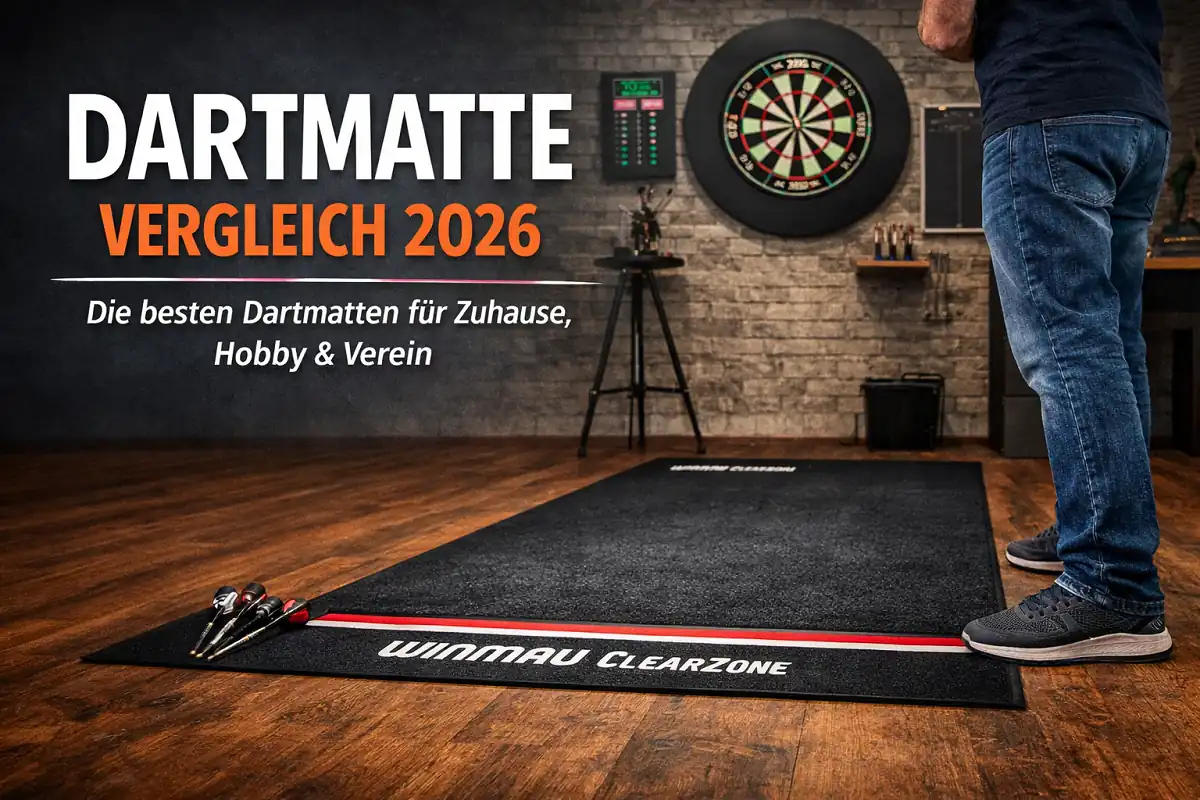 Dartmatte Vergleich 2026 mit Dartteppich und Abwurflinie für ein Steeldart-Setup