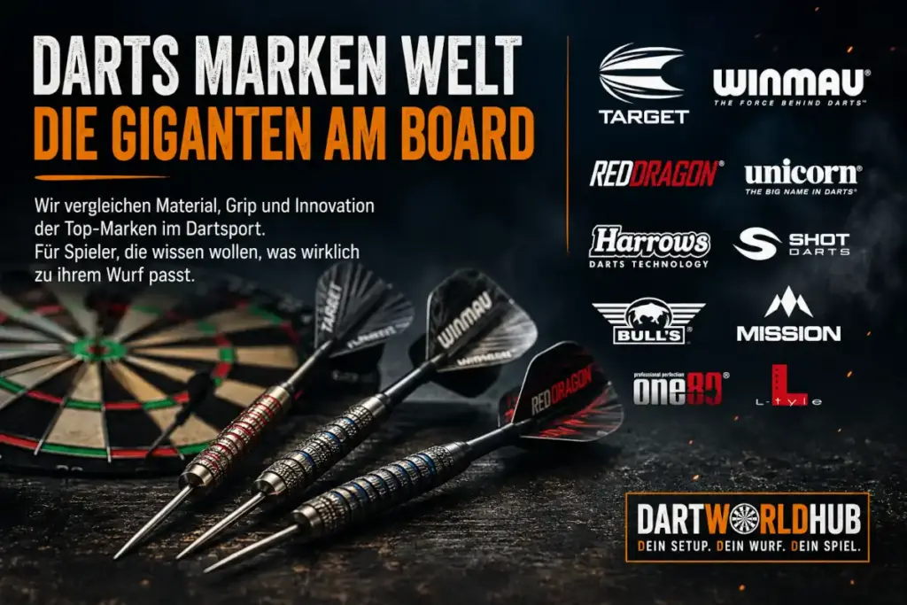 Übersicht der führenden Dart-Marken 2026 mit Logos von Target, Winmau, Red Dragon, Unicorn und anderen sowie drei Dartpfeilen vor einer Dartscheibe.