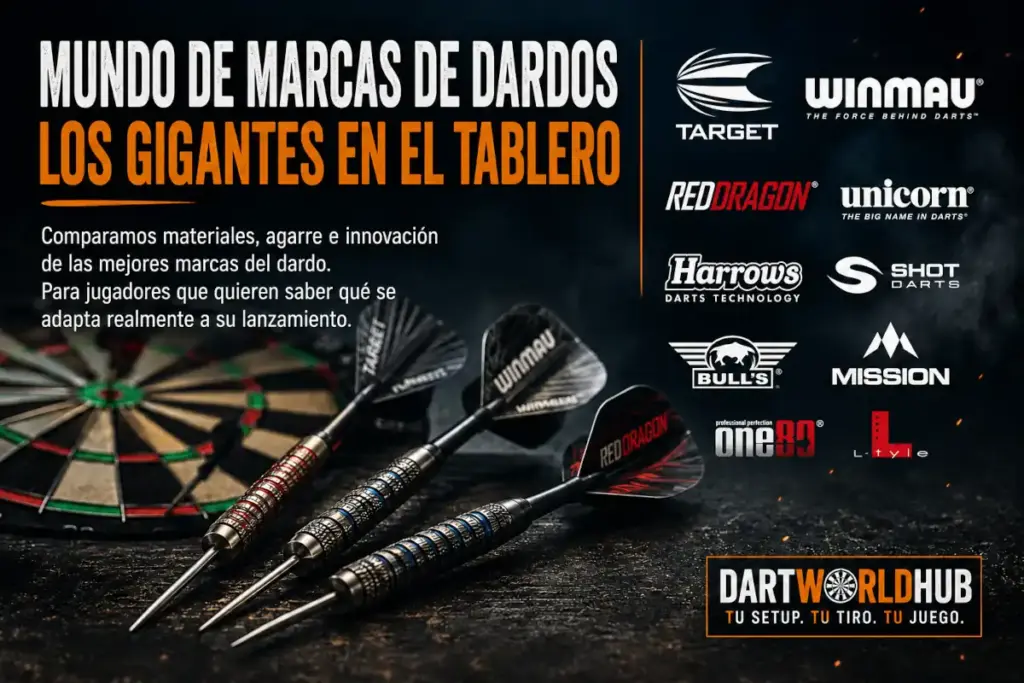 Principales marcas de dardos 2026 con varios logos conocidos y tres dardos delante de una diana.