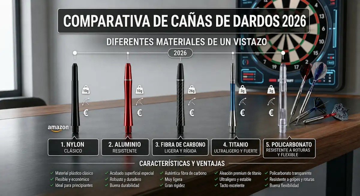 Comparativa de cañas para dardos 2026: nylon, aluminio o carbono