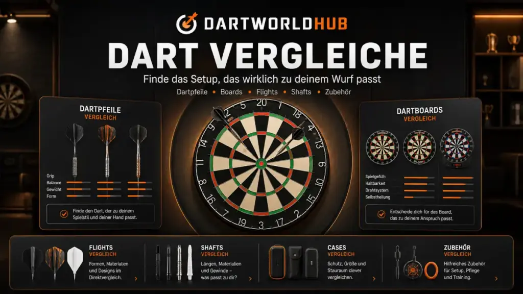DartWorldHub Vergleichsübersicht mit Dartboard, Dartpfeilen, Flights, Shafts und Zubehör